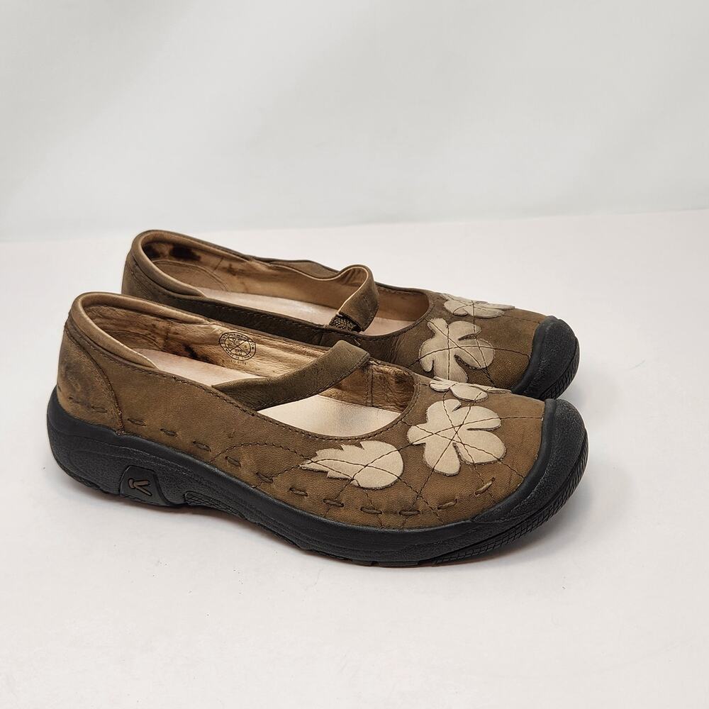 Keen Mary Jane Brown Nubuck Leather Slip On Flats Women Size 6.5 Floral Leaf